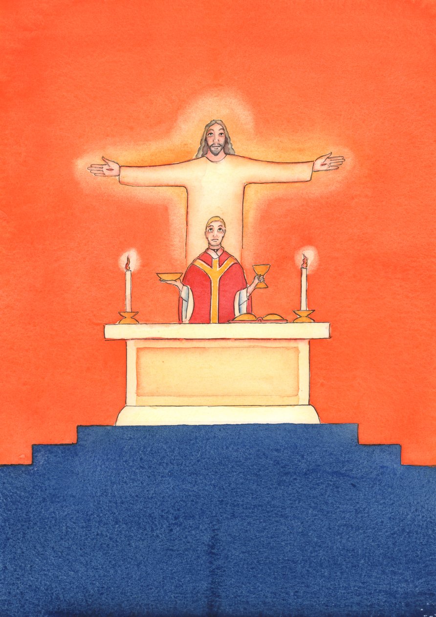 Jesús está presente con nosotros en la Misa, orando al Padre en nuestro nombre, pidiendo ayuda en nuestras necesidades y por la salvación eterna. Podemos unir todas nuestras oraciones con su gran oración sacrificial de Elizabeth Wang