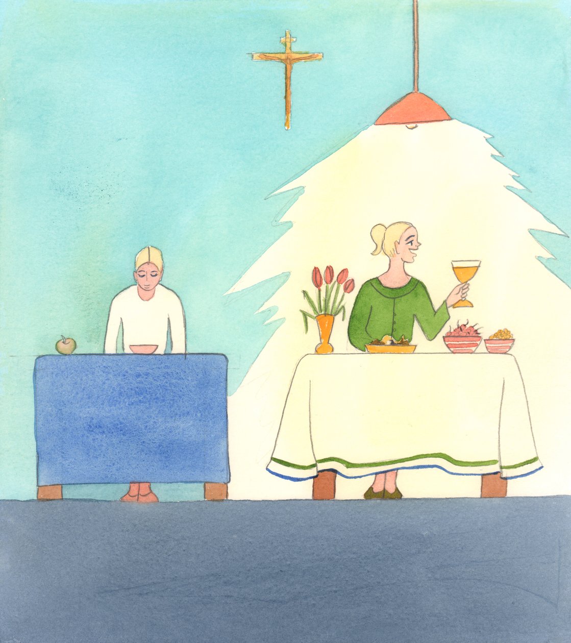 La vida en Cristo implica tanto ayuno como banquete. Debemos amar lo que es bueno, pero estar dispuestos a sacrificarlo cuando sea necesario por un Bien aún mayor, que es Dios, 2005 (acuarela sobre papel) de Elizabeth Wang