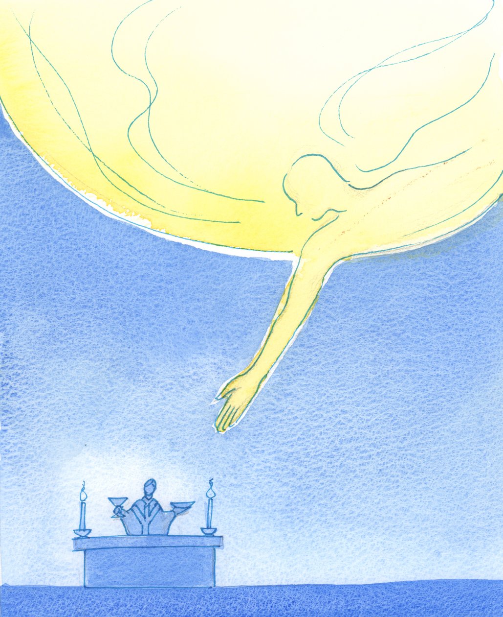 El Padre acepta nuestros dones de pan y vino, como si se inclinara desde el Cielo como un padre amable tomando regalos de un niño de Elizabeth Wang
