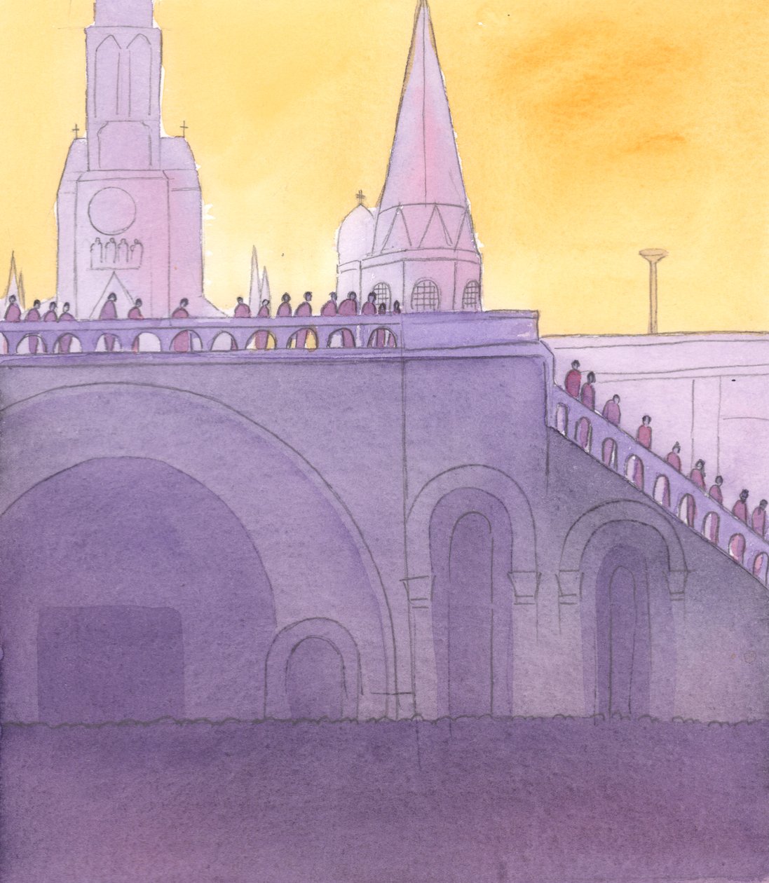 El Señor me pidió que mirara a todas las personas que estaban de pie junto a la balaustrada en Lourdes, viendo la Procesión del Rosario, 2005 (acuarela sobre papel). de Elizabeth Wang