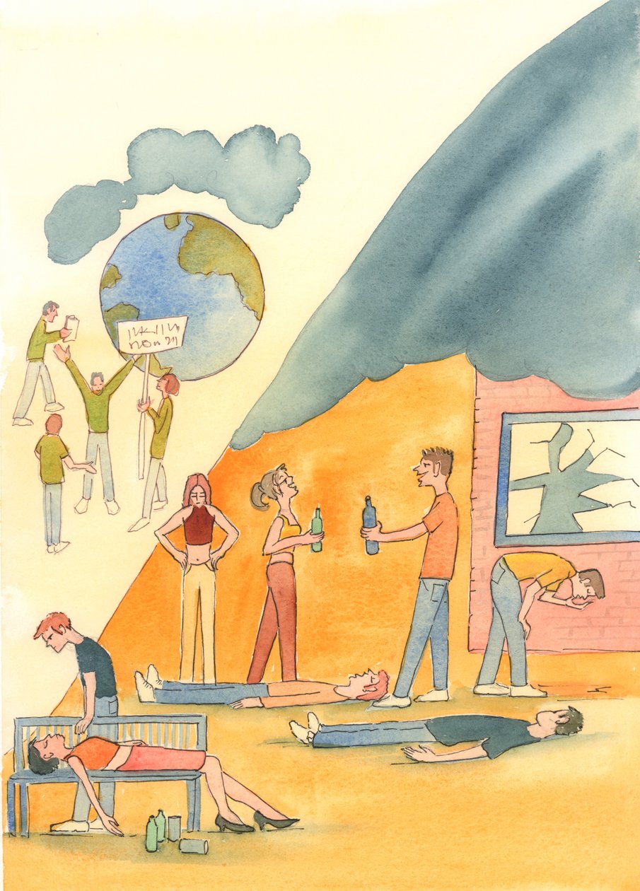 Hay muchos peligros en la vida terrenal, como la contaminación y el hambre, 2004 (acuarela sobre papel) de Elizabeth Wang