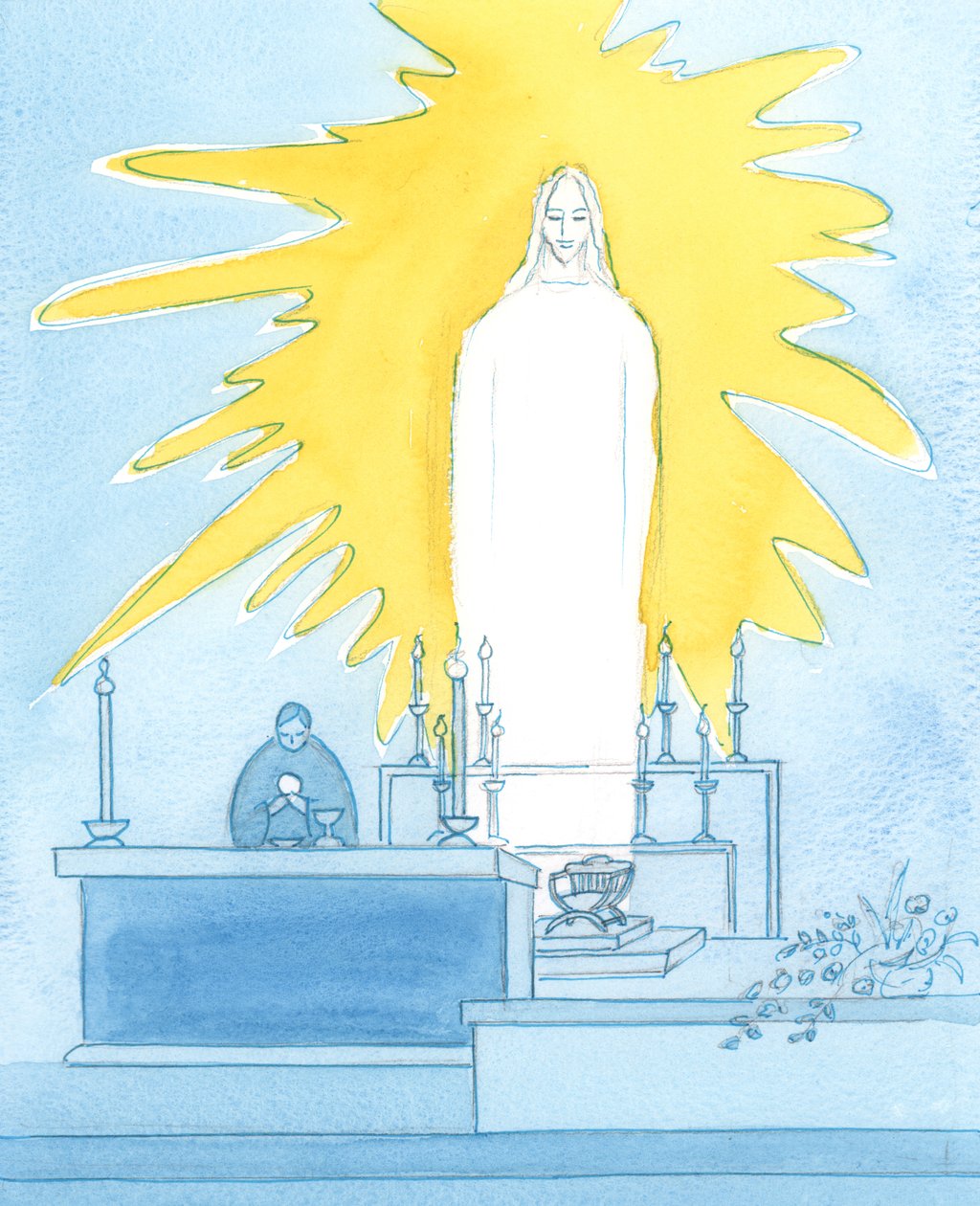 Verdaderamente, Cristo nuestro Dios está presente ante nosotros, Cuerpo, Sangre, Alma y Divinidad: presente en gloria en cada Misa para orar al Padre en nuestro nombre de Elizabeth Wang