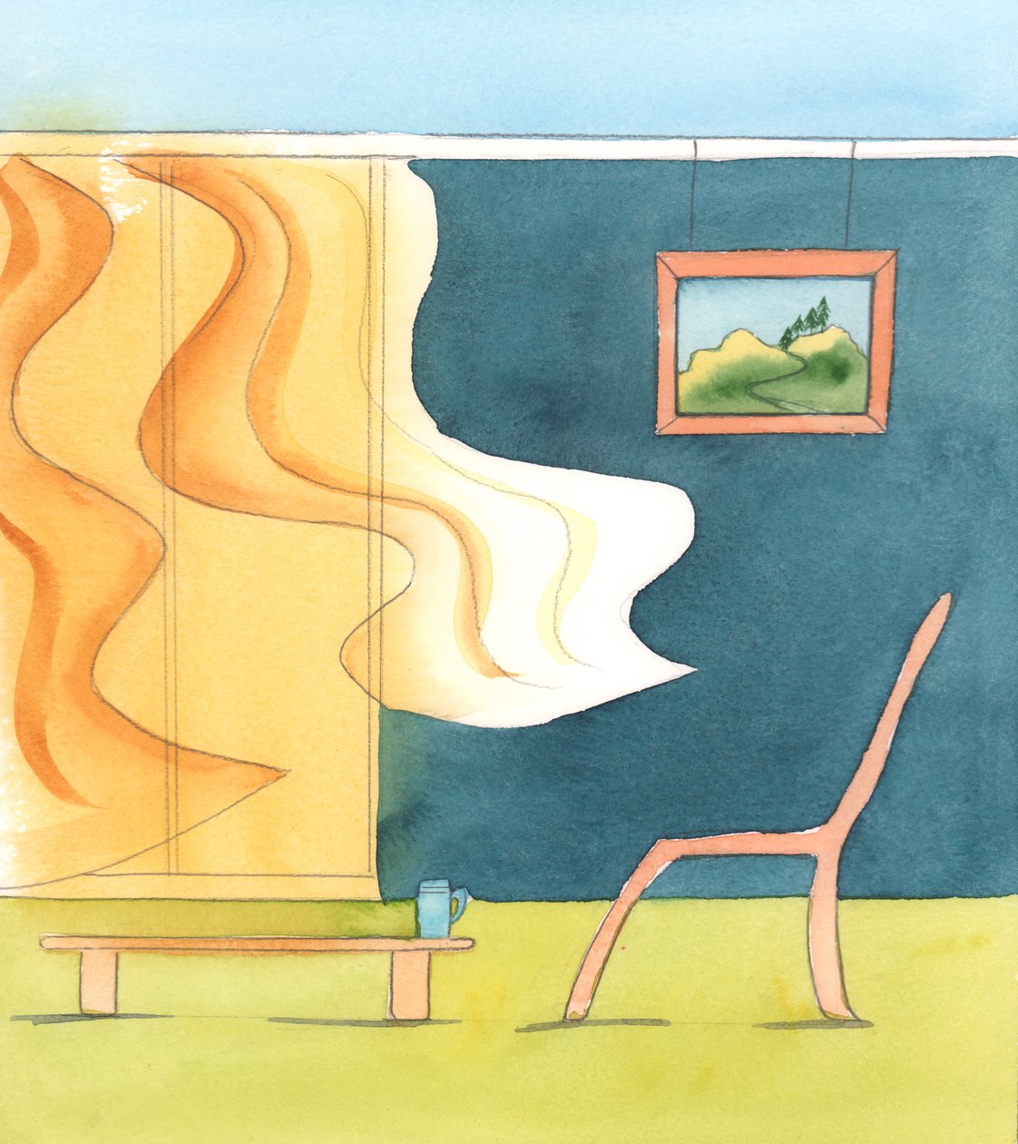 Dos personas pueden mirar la misma escena, y una siente horror - sabiendo que un asesino está merodeando, mientras que la otra sólo ve la brisa que sopla en las cortinas - mientras el sol brilla, 2005 (acuarela sobre papel) de Elizabeth Wang