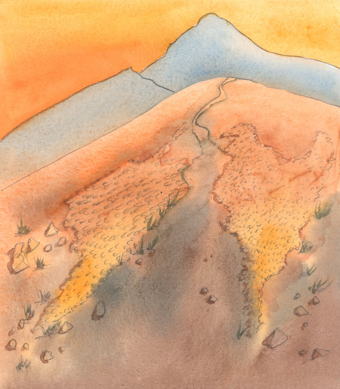 Cuando la gente quiere ser buena pero aún no ha tomado resoluciones firmes o adoptado principios firmes, son como escaladores en una montaña en la que hay grandes manchas de esquisto suelto - pequeñas piedras, 2005 (acuarela sobre papel) de Elizabeth Wang