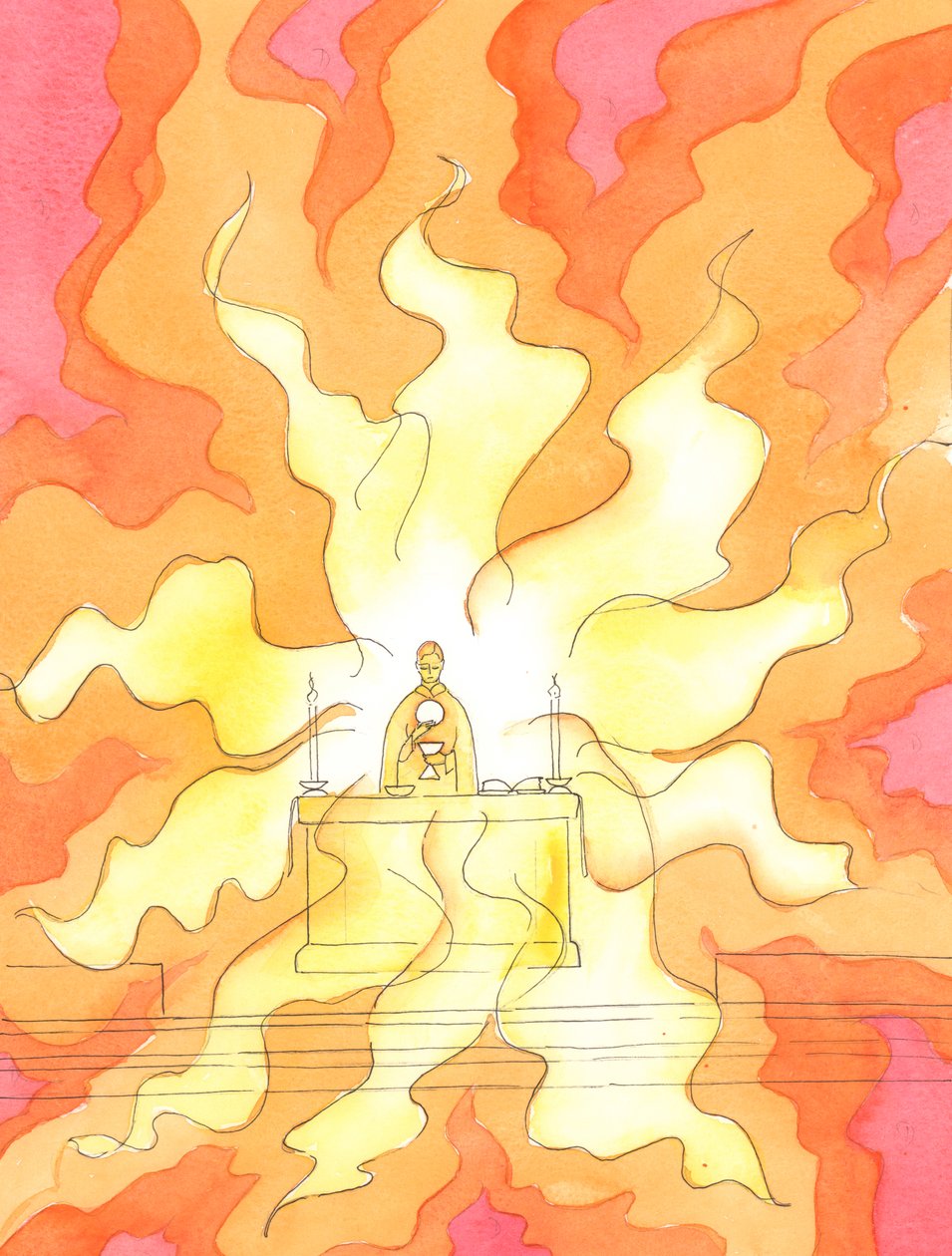 Cuando el pan y el vino se han convertido en el Sagrado Cuerpo y Sangre de Cristo, Él, el Cordero de Dios, nuestro Salvador, está sustancialmente Presente: el Cristo Resucitado, en el fuego de su Gloria Divina de Elizabeth Wang