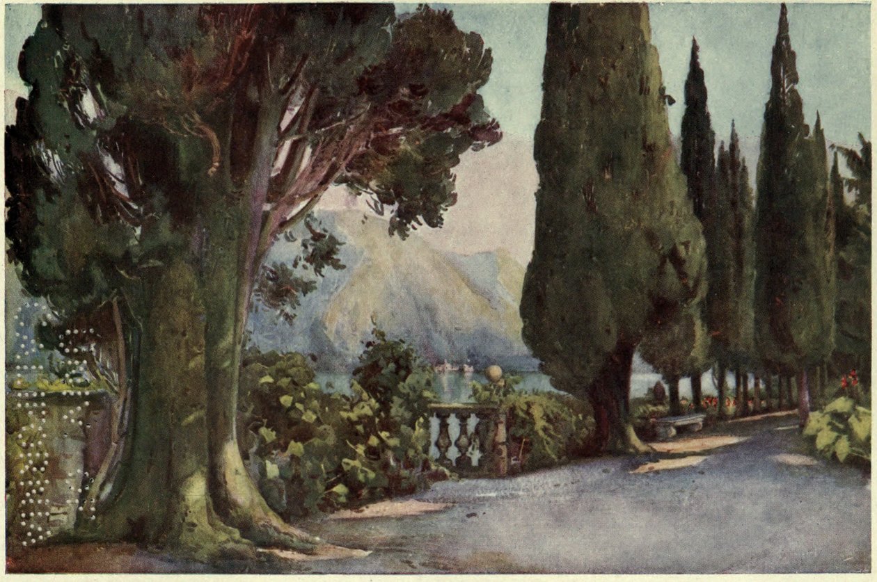 Avenida de los Cipreses, Villa del Pizzo, Lago di Como, Ilustración de "Los lagos italianos" de Richard Bagot de Ella Du Cane
