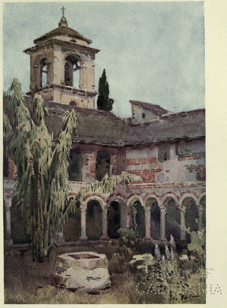 El claustro de Piona, lago de Como, ilustración de "Los lagos italianos" de Richard Bagot de Ella Du Cane