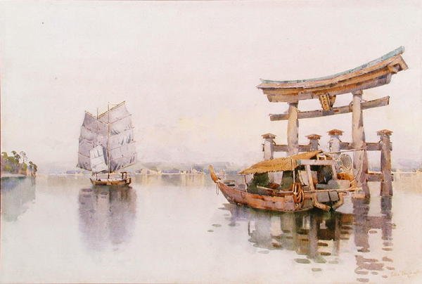 Puerta Torii en la entrada del santuario de Itsukushima, Miyijima, Japón (acuarela sobre papel) de Ella Du Cane