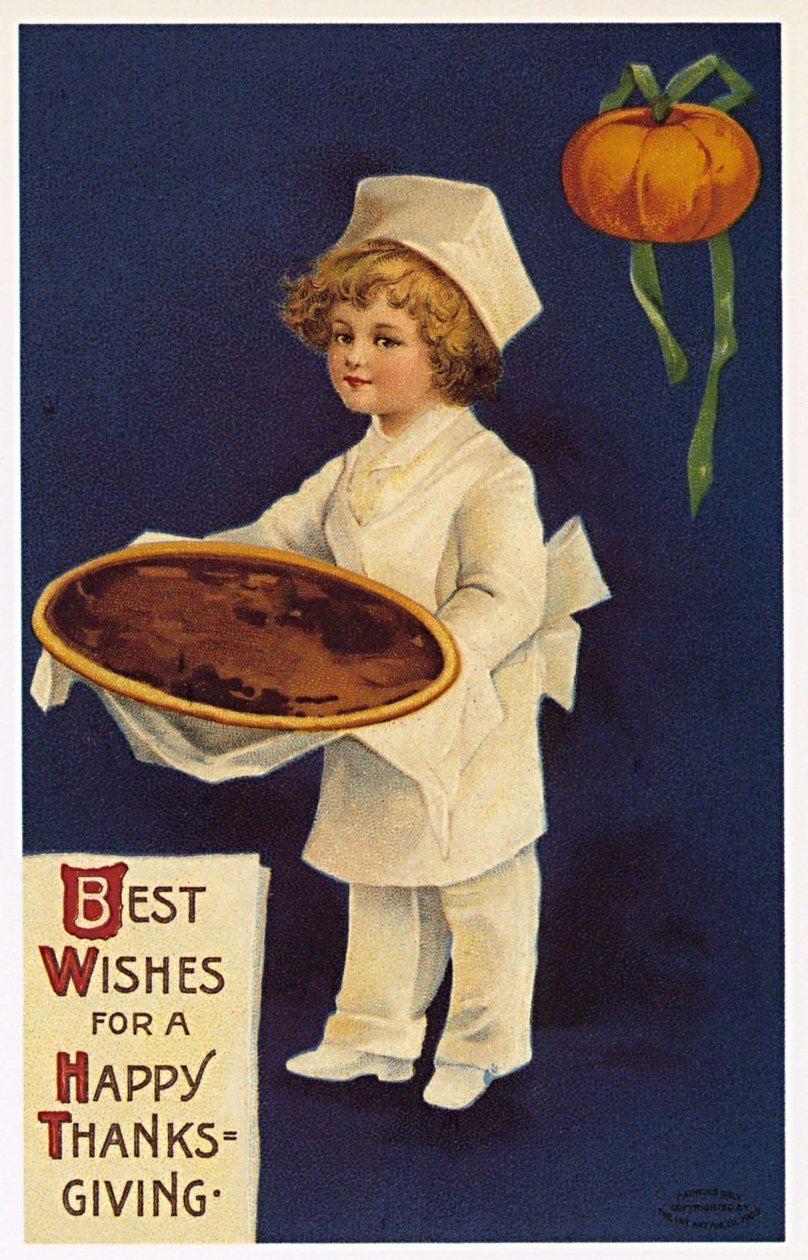 Acción de gracias: tarjeta de felicitación con un niño vestido de cocinero presentando el plato tradicional de Ellen Hattie Clapsaddle