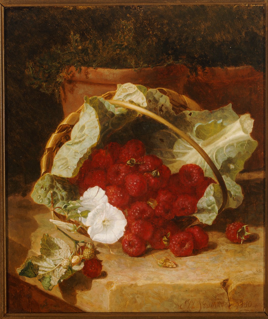 Frambuesas en una cesta forrada con hoja de col y convolvulus blanco en un borde de piedra, 1880 de Eloise Harriet Stannard
