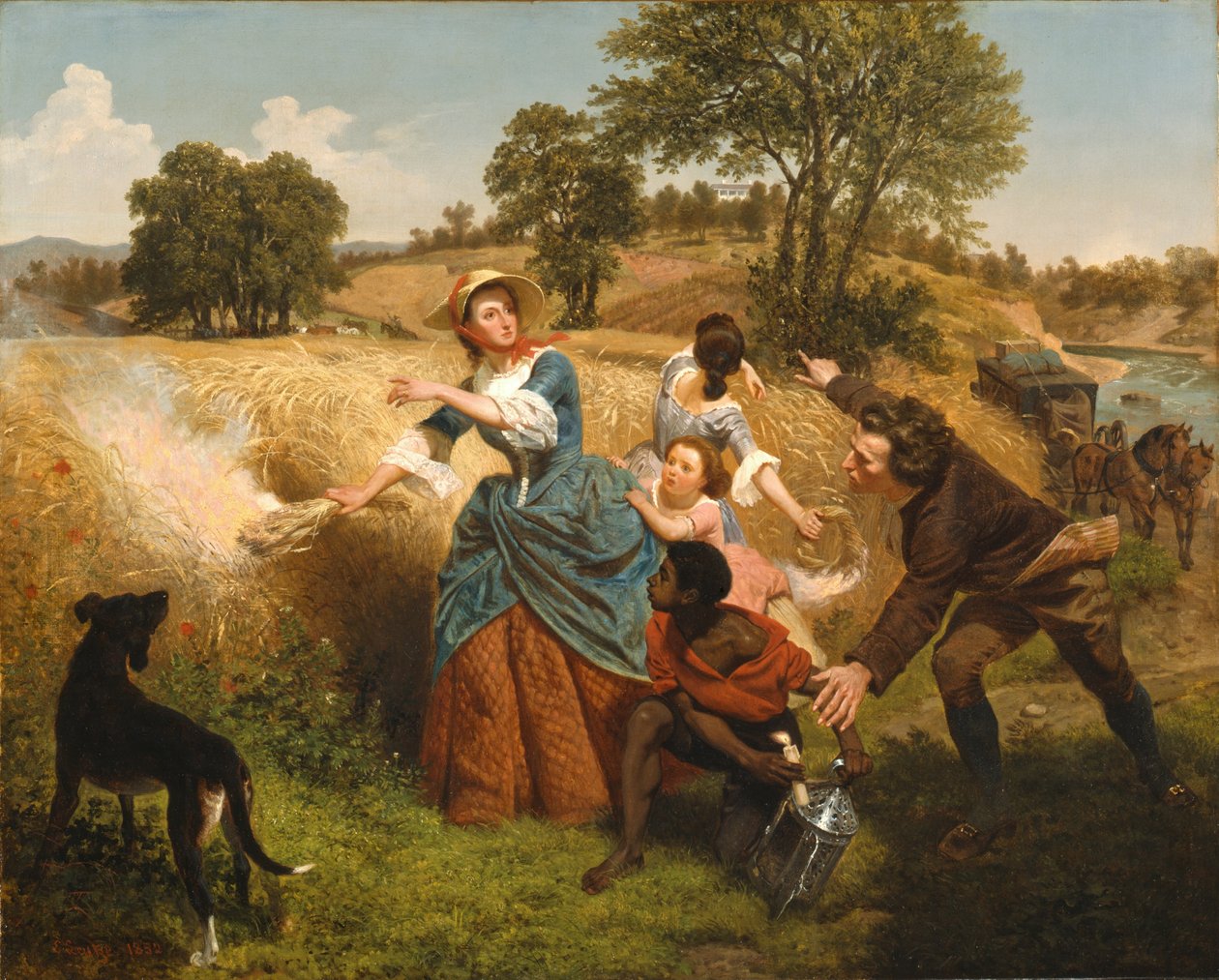 La Sra. Schuyler quemando sus campos de trigo ante la llegada de los británicos de Emanuel Gottlieb Leutze