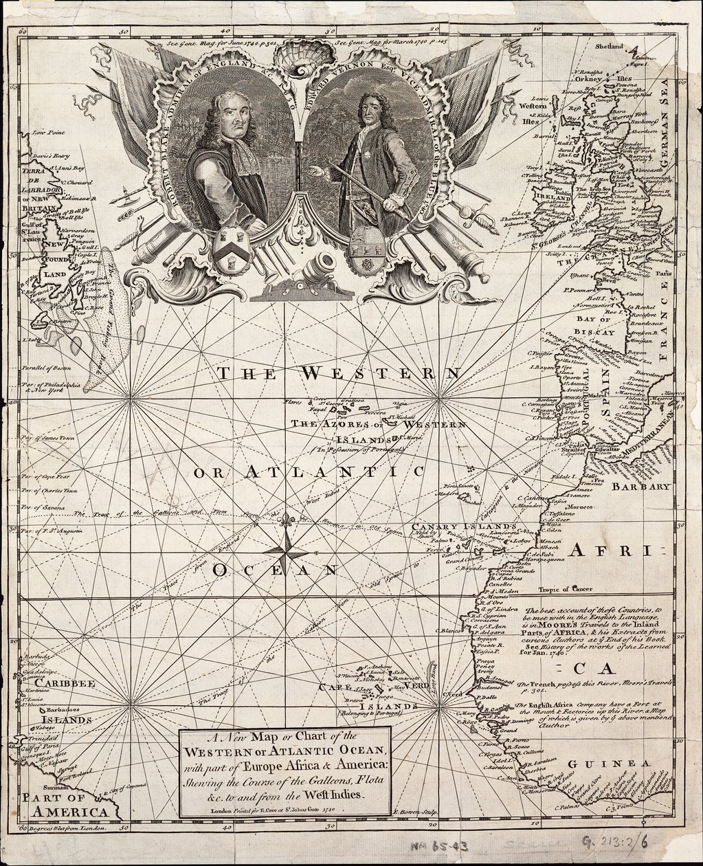 Un nuevo mapa o carta del océano occidental o Atlántico con parte de Europa, África y América: mostrando el curso de los galeones hacia y desde las Indias Occidentales. de Emanuel Bowen