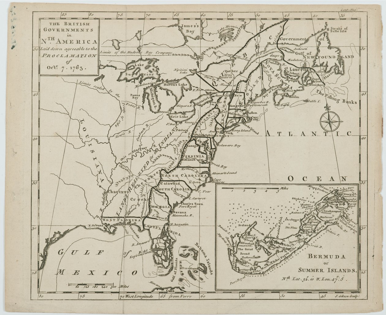 Mapa de los gobiernos británicos en América del Norte, grabado por J. Gibson de Emanuel Bowen