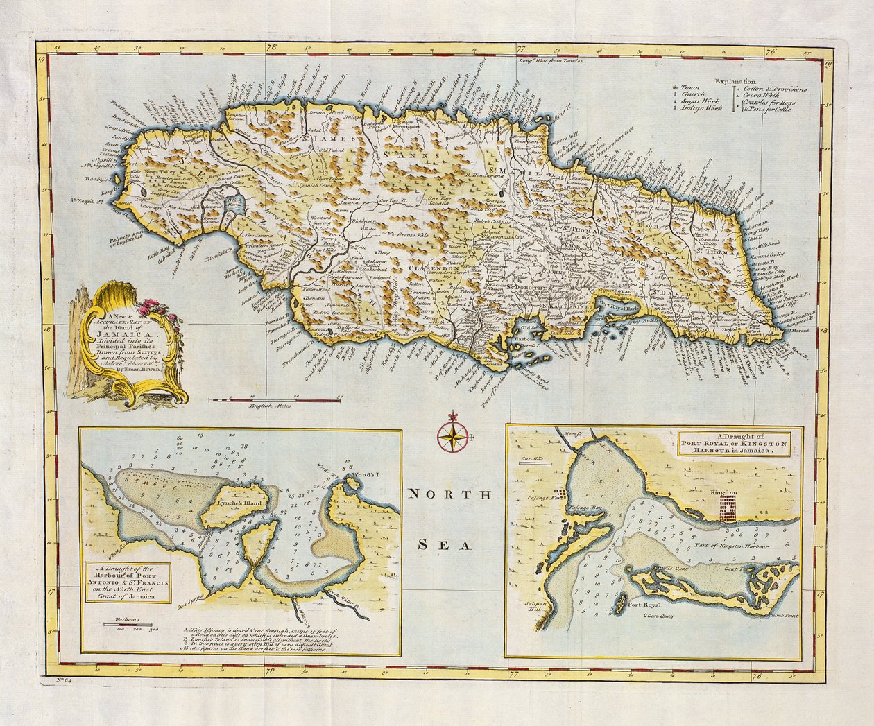 Mapa de la isla de Jamaica, dividida en sus principales parroquias c.1760 (grabado coloreado a mano) de Emanuel Bowen