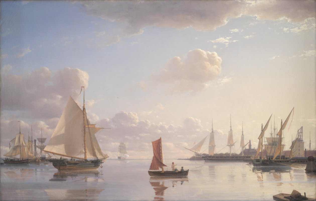 Vista desde Langelinie hacia los astilleros navales reales en Nyholm, Copenhague. Luz de la mañana de Emanuel Larsen