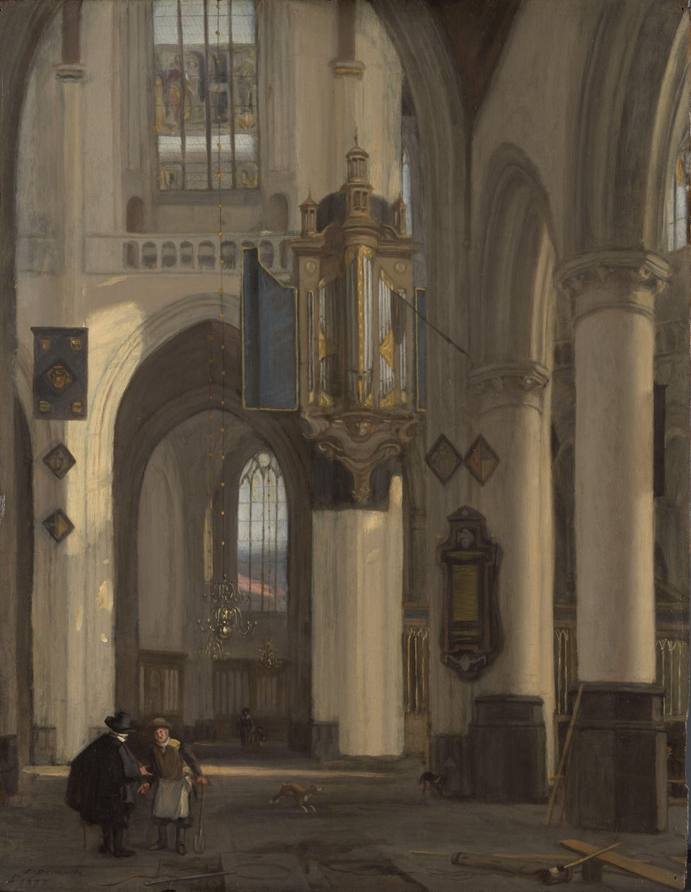Interior de una iglesia gótica protestante con motivos de la Oude y Nieuwe Kerk de Ámsterdam de Emanuel de Witte