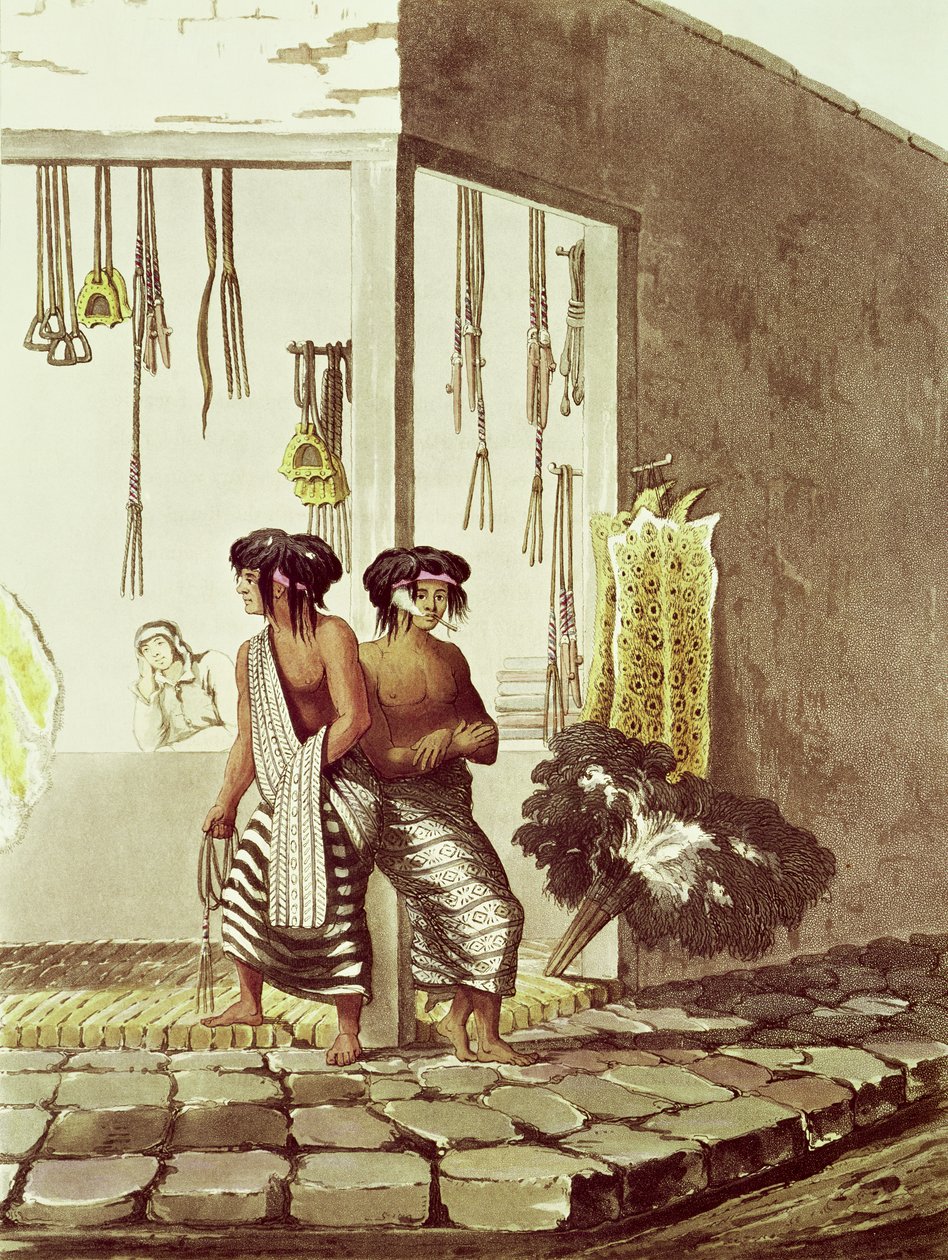 Indios Pampa en una tienda en el mercado indio de Buenos Aires, de 