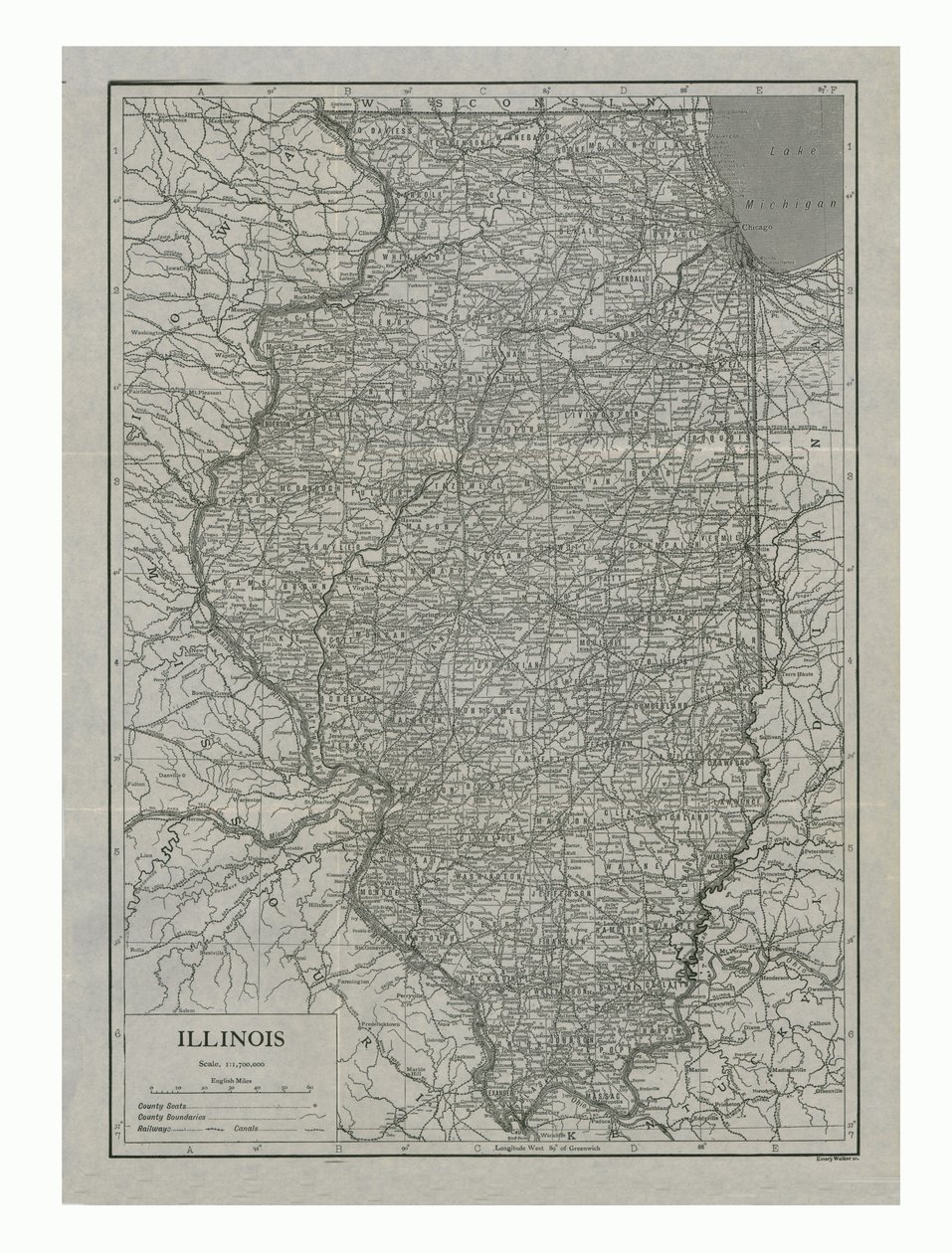Mapa de Illinois, EE.UU., c1910s de Emery Walker