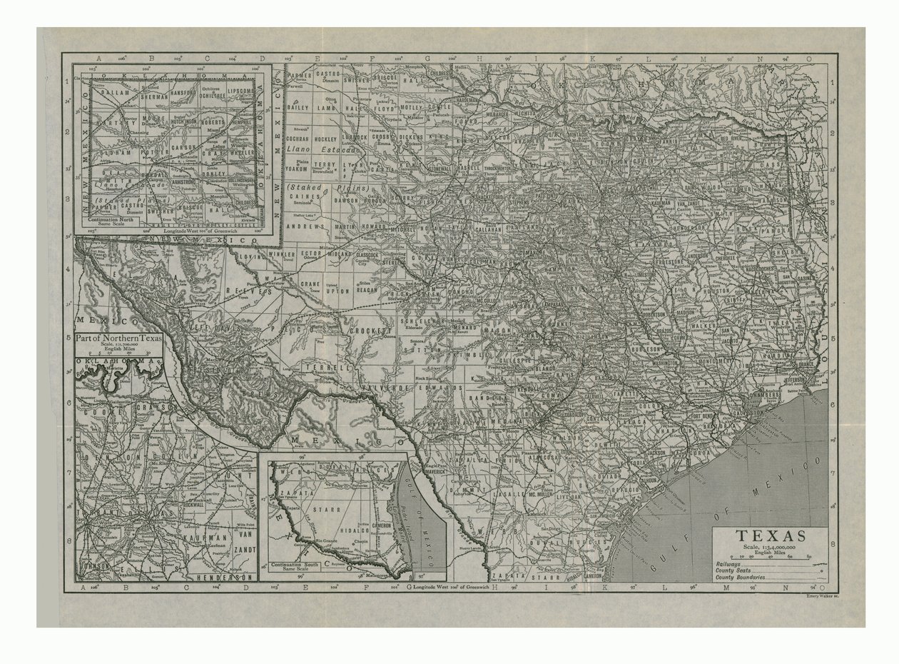 Mapa de Texas, EE.UU., c1910s de Emery Walker