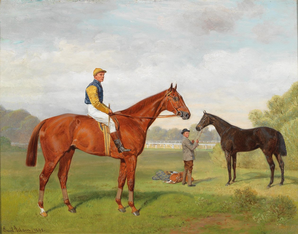 Arulo y Komamasszony, dos caballos de carreras victoriosos del barón Hermann von Konigswarter con el jockey Robert Adams de Emil Adam