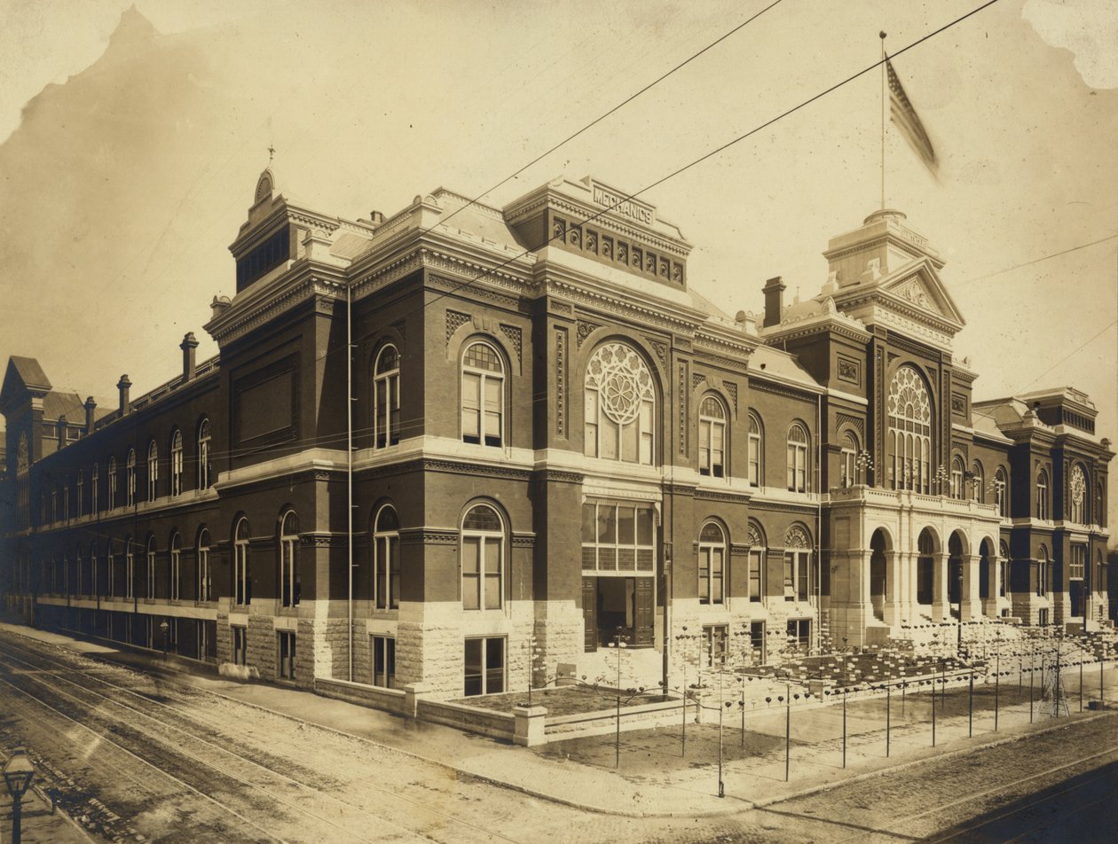 Exposición y Sala de Música, vista exterior. Calle Olive entre las calles Trece y Catorce, St. Louis de Emil Boehl