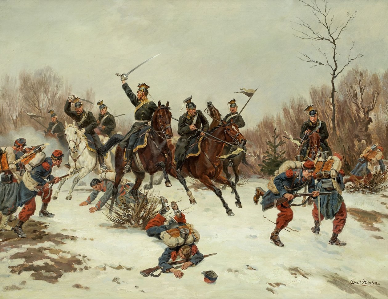 Combate entre ulanos prusianos y soldados de infantería franceses de Emil Hünten