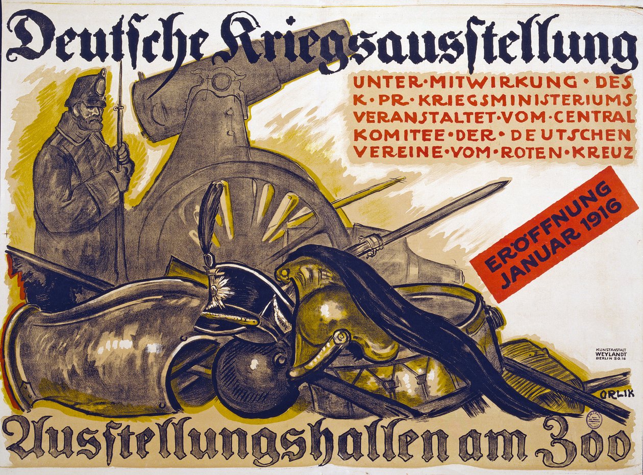 Póster publicitario de una Exposición de Guerra patrocinada por la Cruz Roja Deutsche Kriegsausstellung, enero de 1916 de Emil Orlik