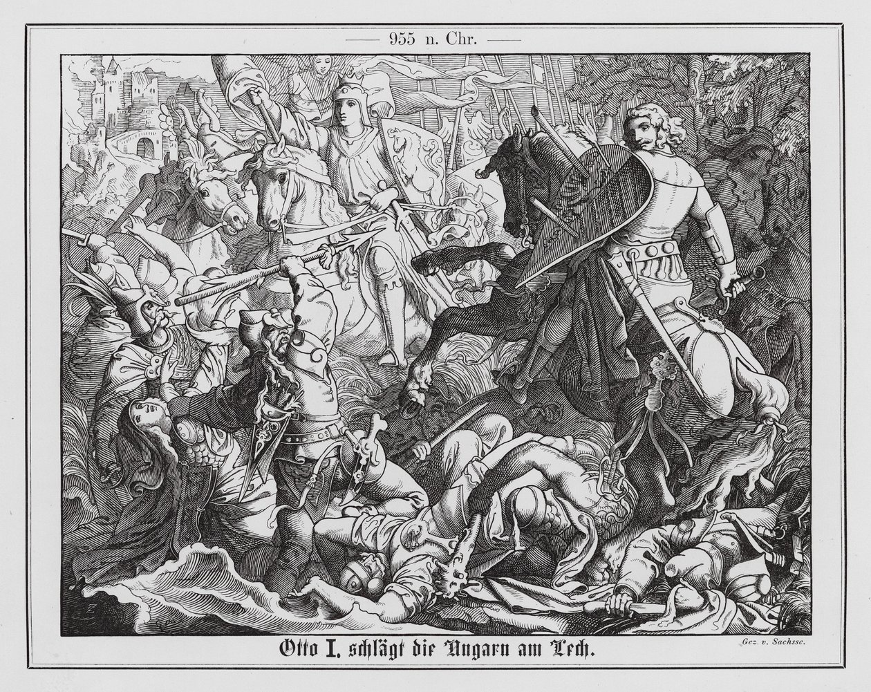 Otón I de Alemania derrota a los magiares en la batalla de Lechfeld, 955 (grabado) de Emil Eugen Sachsse