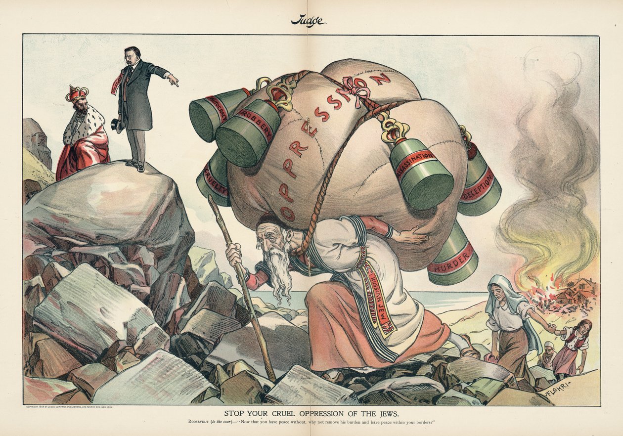 Detén tu cruel opresión de los judíos, revista Judge de septiembre de 1905 (cromolitografía) de Emil Flohri