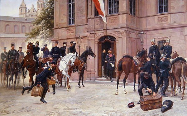 El Príncipe Heredero Ludwig IV de Hesse-Darmstadt despidiéndose de Cornelius Heyl, antes de Schlosschen, Worms, mientras parte a la Batalla de Sedan en 1870 de Emil Huenten