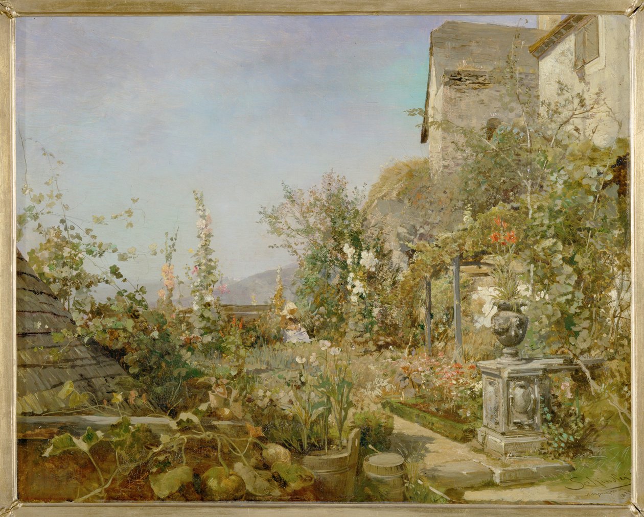Blumengarten en Weissenkirchen - Jardín con flores en Weissenkirchen ... (óleo sobre madera) de Emil Jakob Schindler