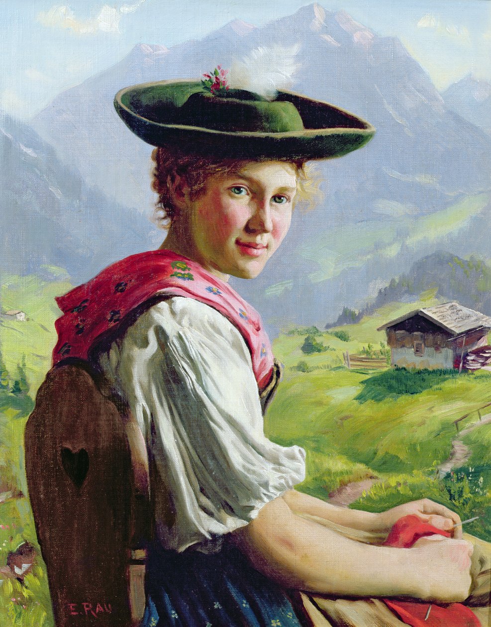 Niña con sombrero en paisaje montañoso de Emil Karl Rau