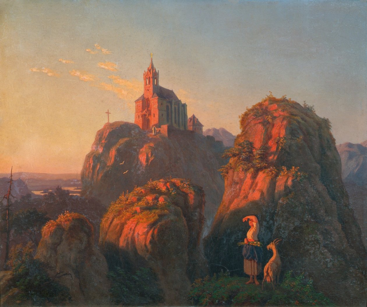 Paisaje con una iglesia por la tarde. de Emil Ludwig Löhr