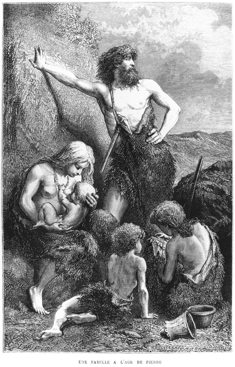 Una familia durante la edad de piedra, ilustración de 