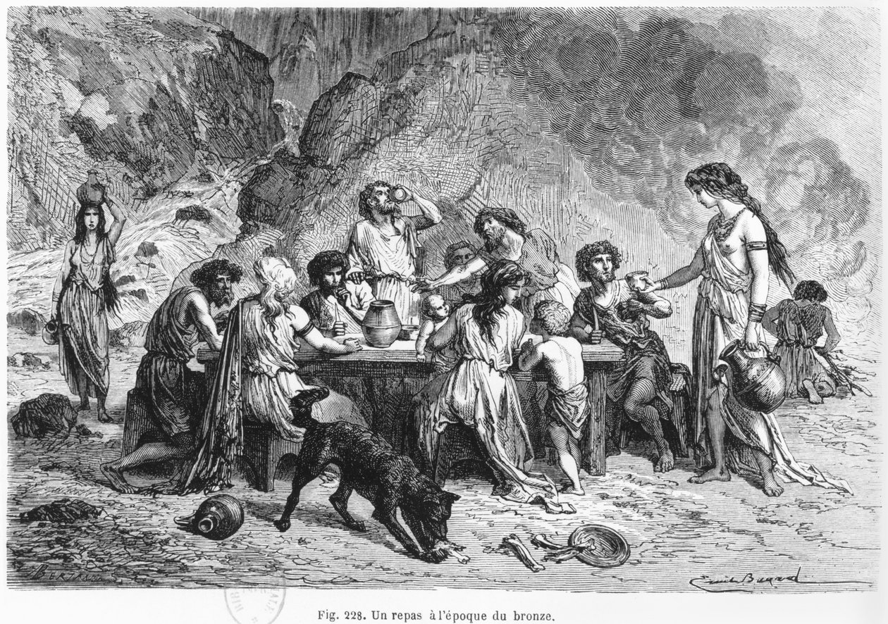 Una comida durante la edad de bronce, ilustración de 