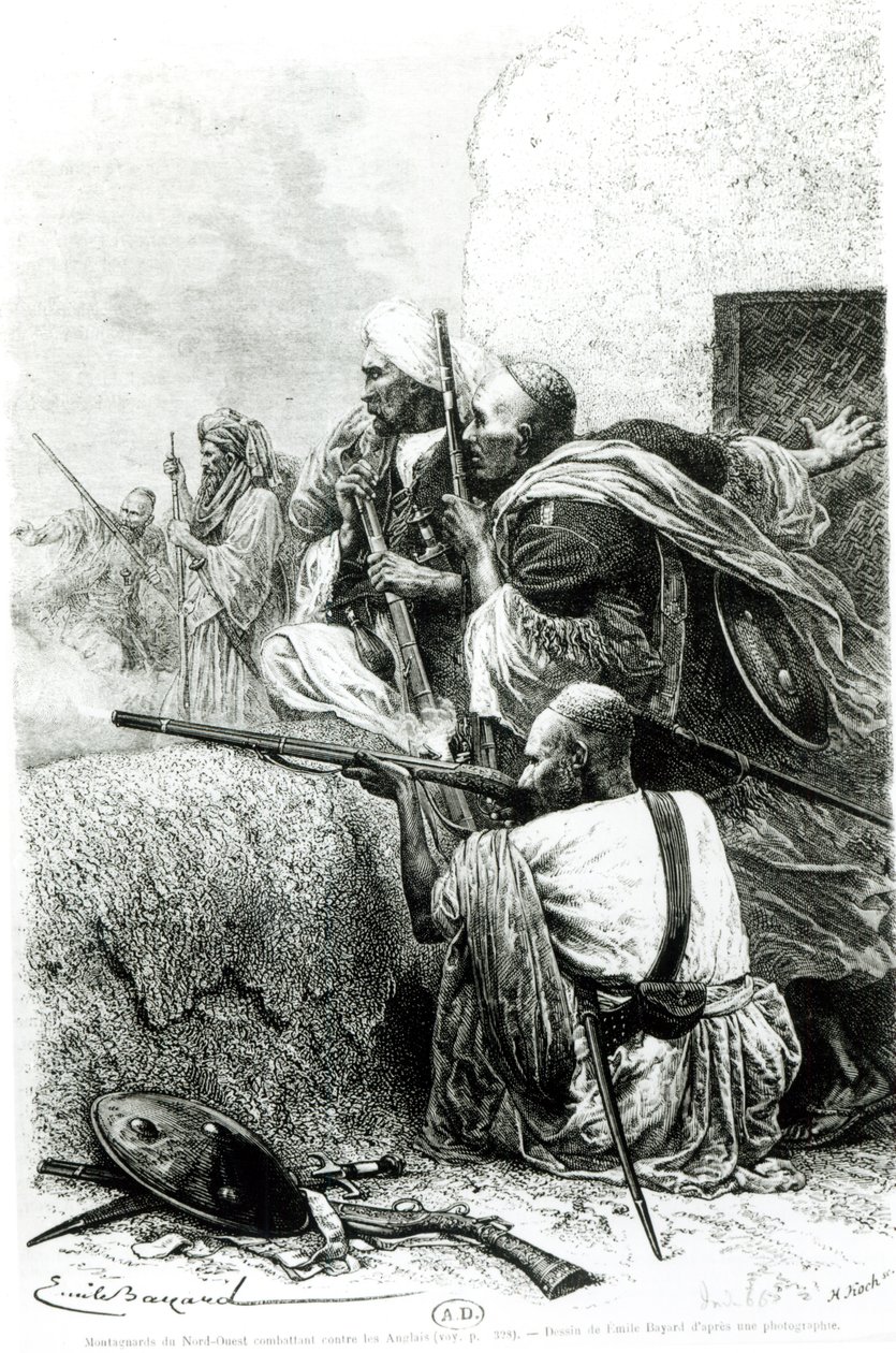 Tropas de montaña afganas del noroeste luchando contra los británicos, grabado por H. Koch de Emile Antoine Bayard