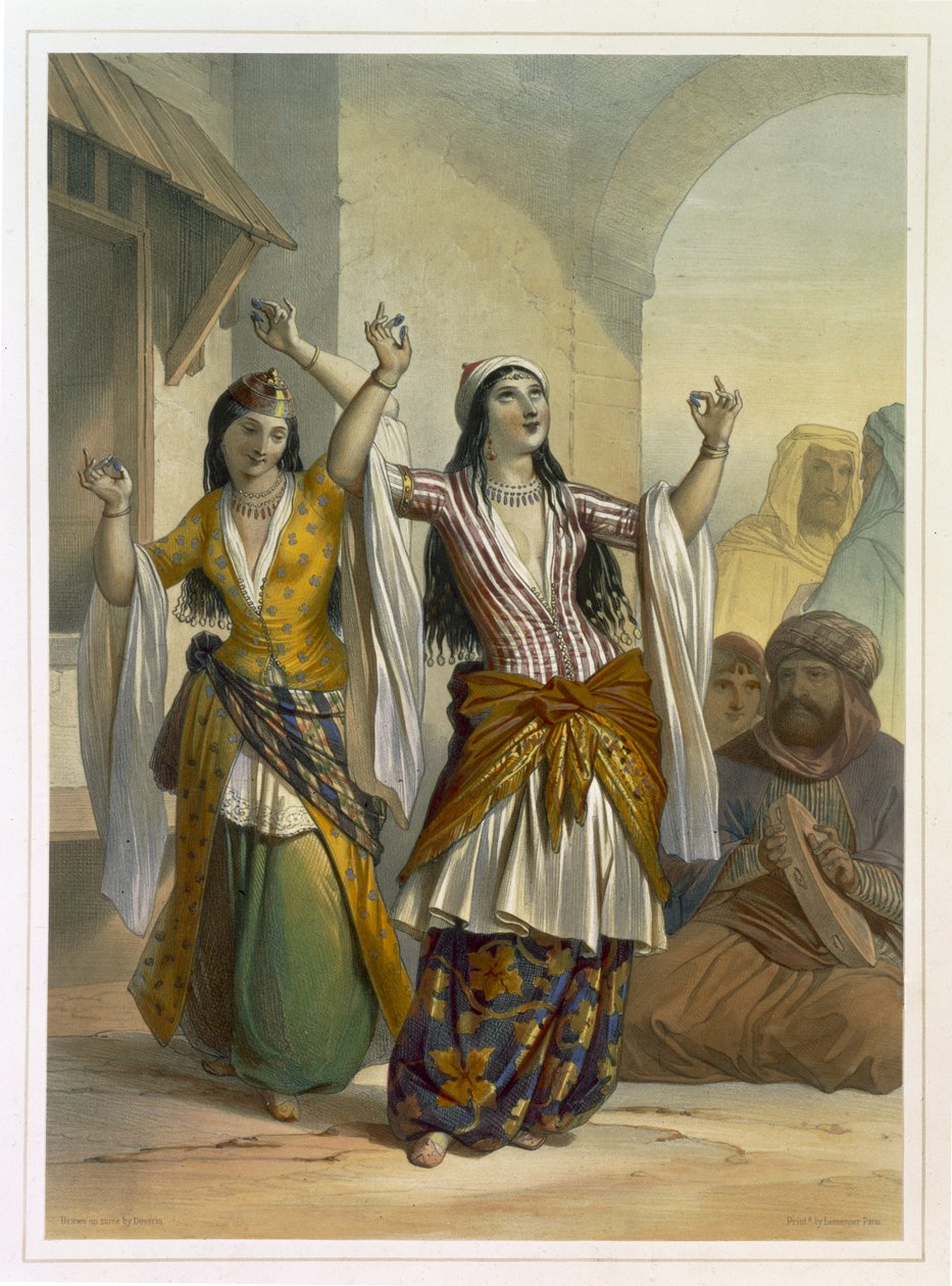 Bailarinas egipcias realizando el Ghawazi en Rosetta, ilustración de 