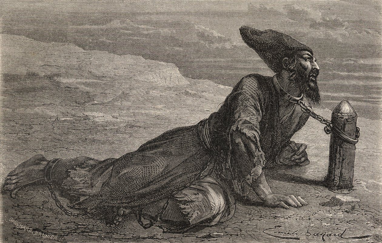 Un esclavo persa cautivo en Turquía, ilustración de "El mundo en las manos", grabado por Gauchard-Brunier, publicado en 1878 (grabado). de Emile Antoine (after) Bayard