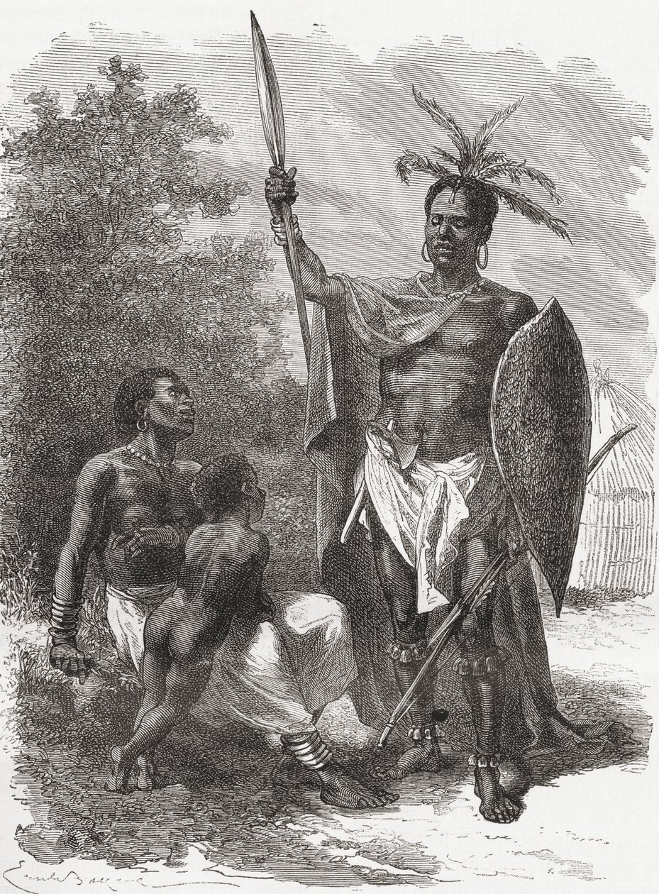 Un nativo de Ougogo, África Central, en traje de guerra, ilustración de 