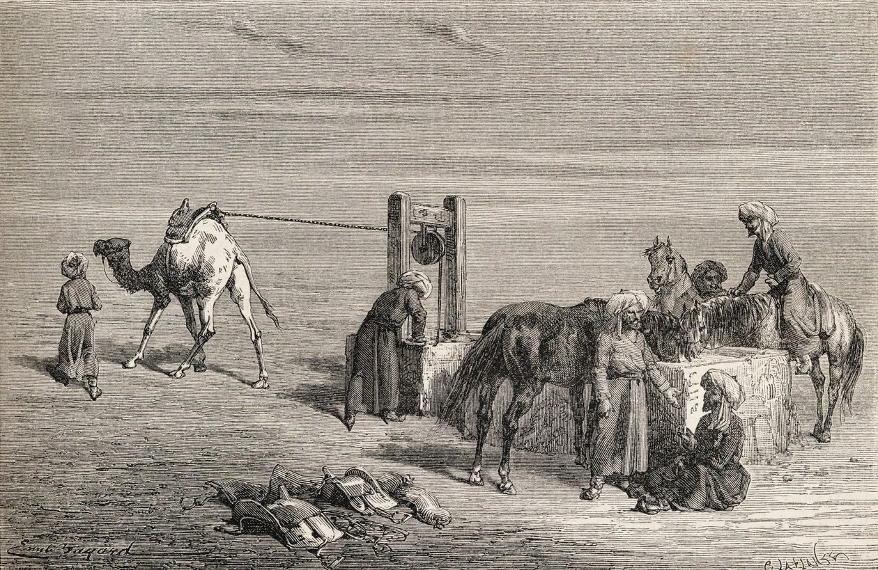 Un pozo en el desierto entre Samarcanda y Karshi, Uzbekistán, ilustración de 