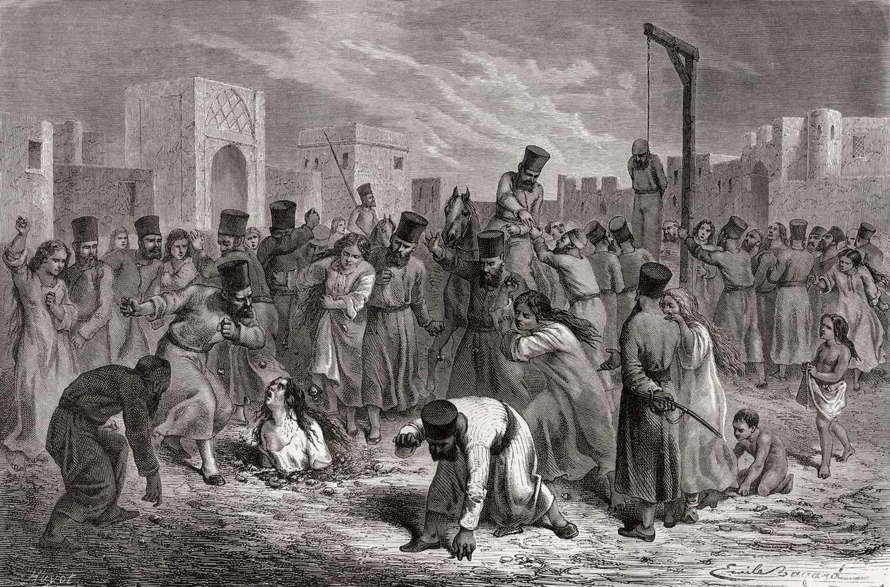 Adúlteros siendo apedreados y colgados en Turquía, ilustración de 