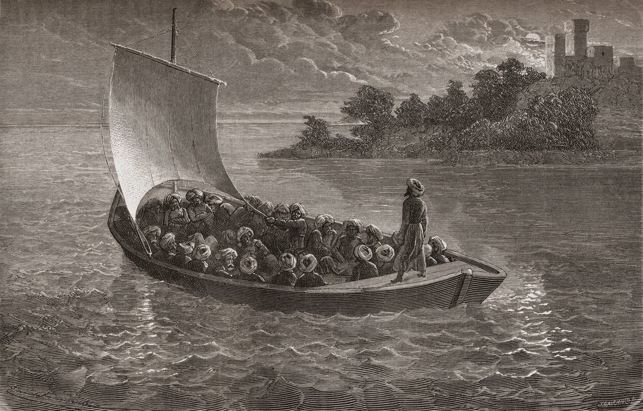 Arminio Vambery y sus compañeros navegando el Mar Caspio en 1863, ilustración de 