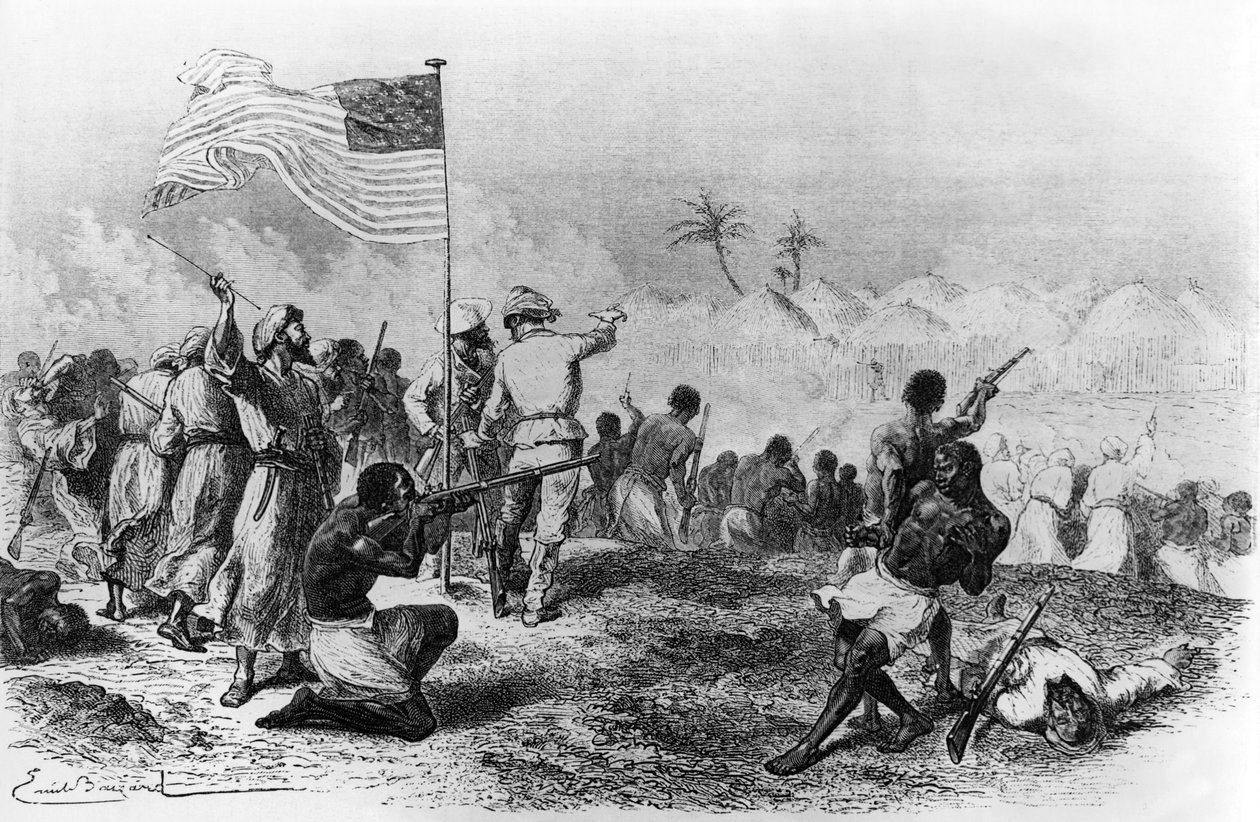 Ataque de Zimbiso en busca de Livingstone 1871-1872 (dibujo) de Emile Antoine Bayard