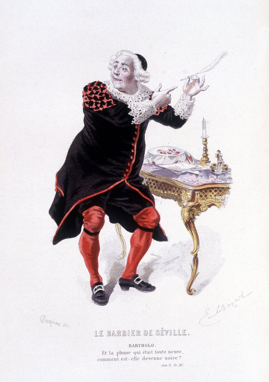Bartholo en el Barbier de Seville en Ovre complet de Beaumarchais (1732-1799) por Edouard Fournier, Ed. Laplace, Sanchez et Cie, París 1876 (grabado) Aquí Bartholo en Le barbier de Seville de Emile Antoine Bayard