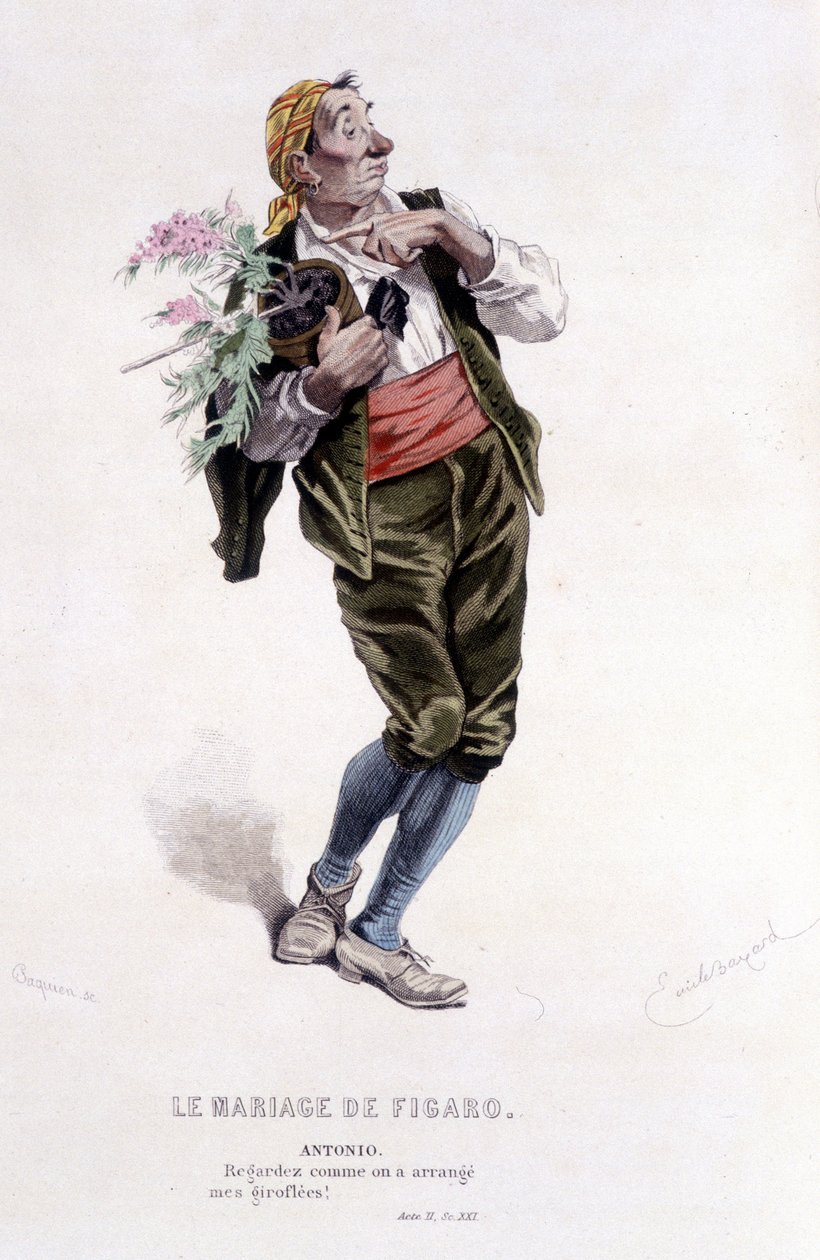 Obra completa de Beaumarchais (1732-1799) por Edouard Fournier. dibujo de Emile Bayard. Ed. Laplace, Sanchez et Cie, París 1876. Este es Antonio en “Las bodas de Fígaro” de Emile Antoine Bayard