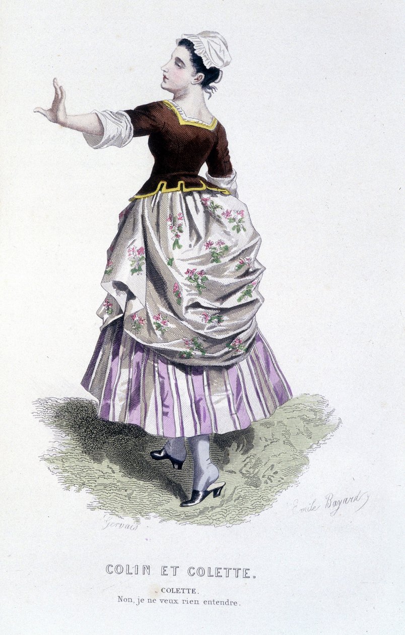 Obra completa de Beaumarchais (1732-1799) por Edouard Fournier. dibujo de Emile Bayard. Ed. Laplace, Sanchez et Cie, París 1876. Esta es Colette en "Colin y Colette" de Emile Antoine Bayard