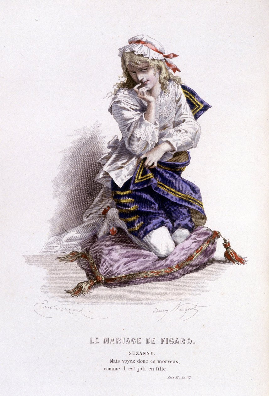 Obra completa de Beaumarchais (1732-1799) por Edouard Fournier. dibujo por Emile Bayard. Ed. Laplace, Sanchez et Cie, París 1876. Esta es Suzanne en "The Wedding of Figaro" de Emile Antoine Bayard
