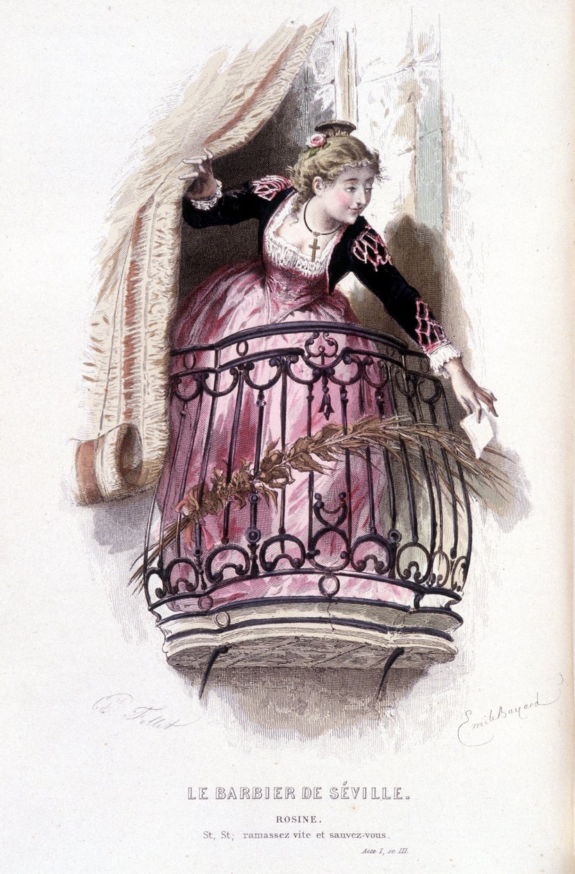 Obra completa de Beaumarchais (1732-1799) por Edouard Fournier. dibujo de Emile Bayard. Ed. Laplace, Sanchez et Cie, París 1876. Esta es Rosine en "El Barbero de Sevilla" de Emile Antoine Bayard