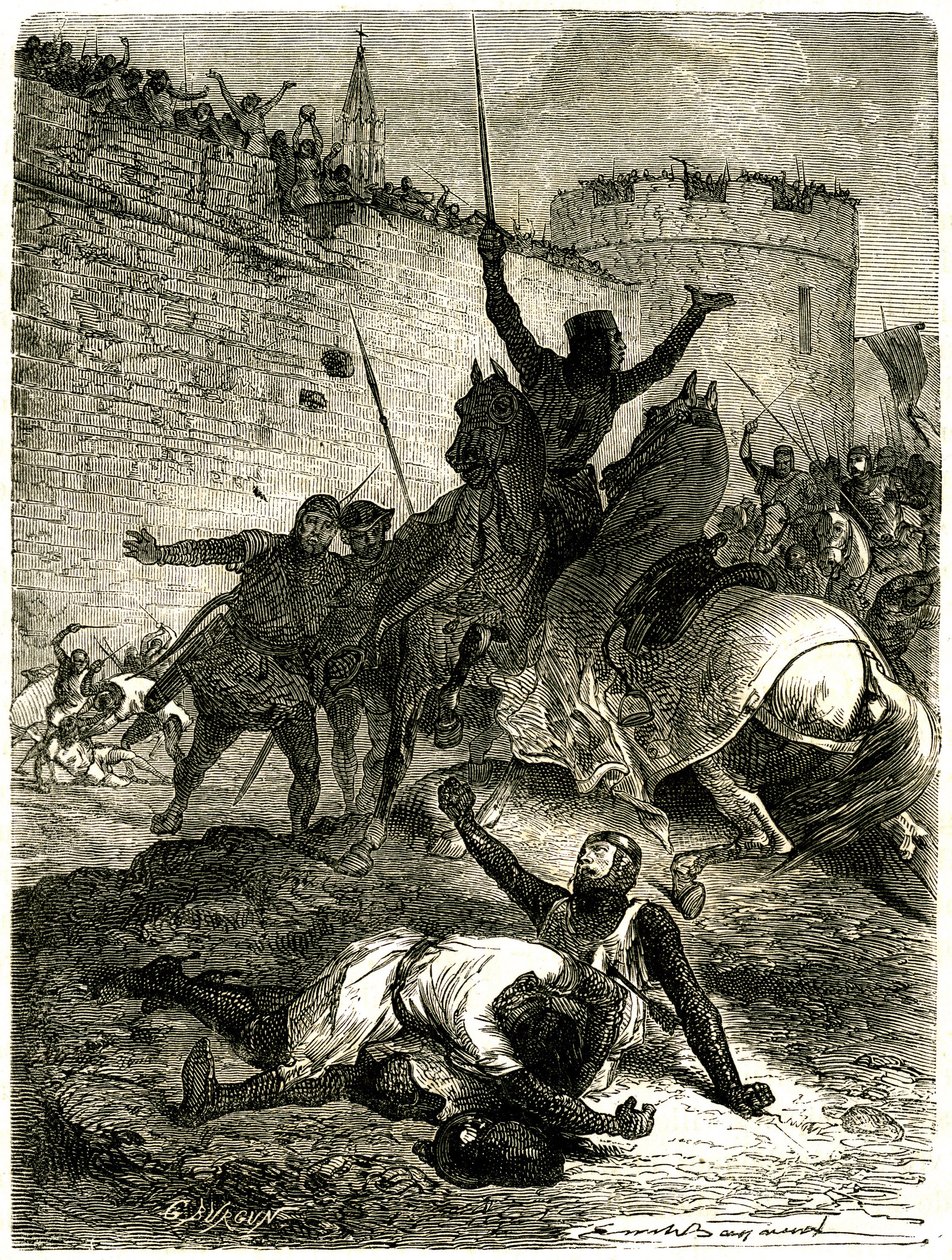 Cruzada contra los albigenses - Asedio de Toulouse, 25 de junio de 1218. El hermano de Simón de Montfort acaba de ser herido por una flecha, Simón de Montfort va a ser asesinado por una bola de catapulta lanzada, se dice, por una de las mujeres de Toulouse de Emile Antoine Bayard