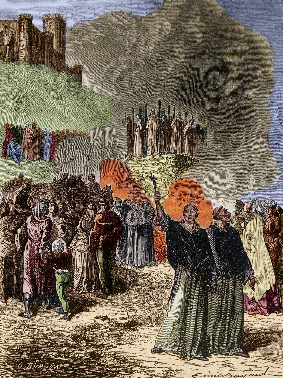 Cruzada contra los Albigenses - Los últimos defensores de Montsegur (Cátaros) quemados en la hoguera en 1244 - Grabado por Emile Bayard según G. Burgun de Emile Antoine Bayard